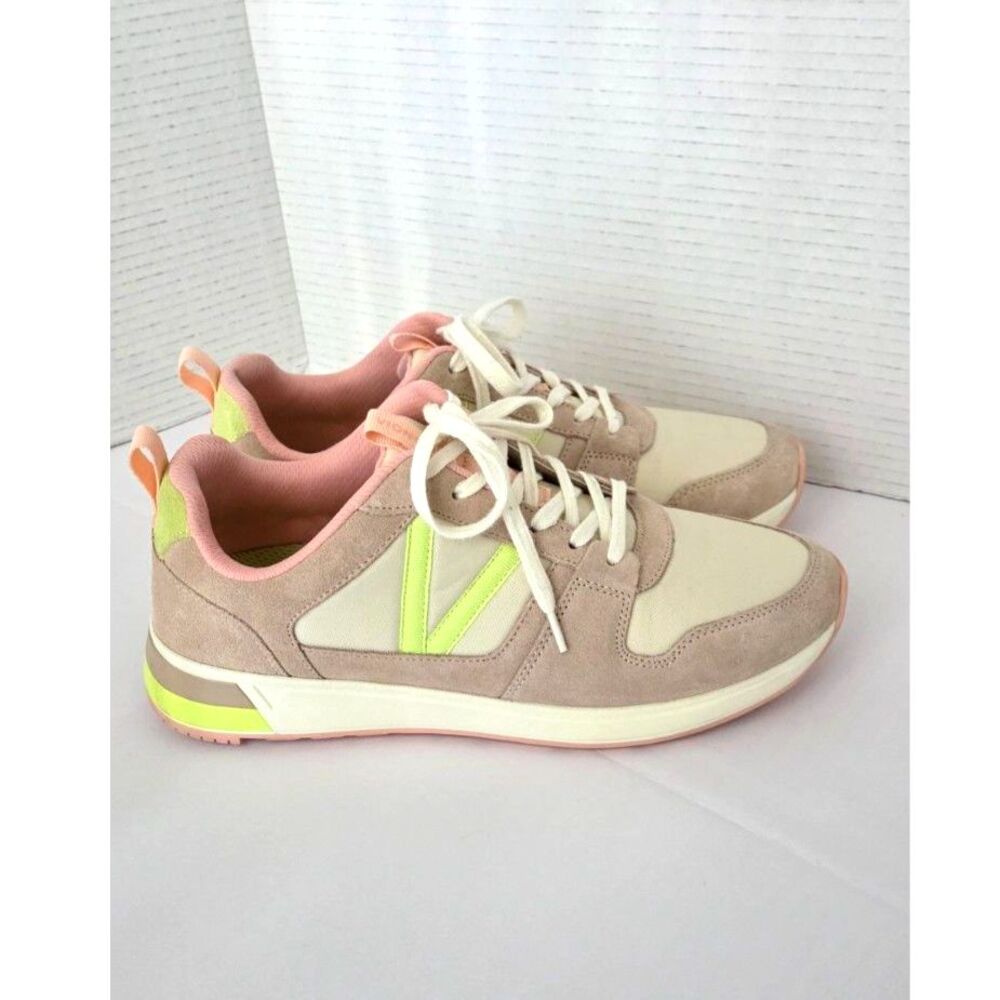 Vionic Rechelle Suede Sneaker Tan Pink Neon Colorblock Orthotic Walking 8.5